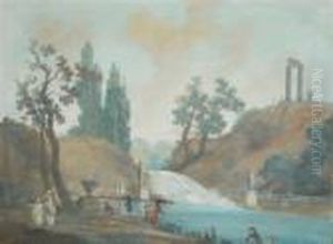Children Playing Beside A Cataract With Ruins Beyond