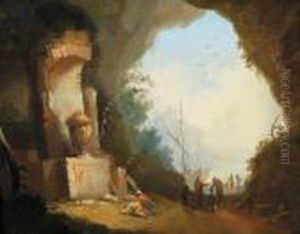 Una Caverna Con Personaggi Davanti Ad Un Monumento Classico Epanorama Del Mare Aperto by Hubert Robert