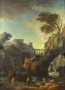 Forteresse Dominant Une Cascade Dans Un Paysage Anime De Promeneurs by Hubert Robert