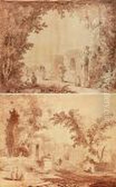 Paire De Paysages Animes : Une
Terrasse Avec Un Terme Et Un Escalier Aux Lions Devant Un Chateau - view 1