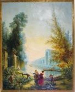 Elegant Figures Boating In The Park; And A Companion Painting