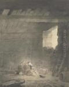 Figures In A Barn by Hubert Robert