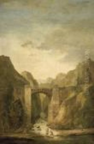 Une Cascade Avec Des Personnages Traversant Une Riviere Et D'autres Sur Un Pont - view 1