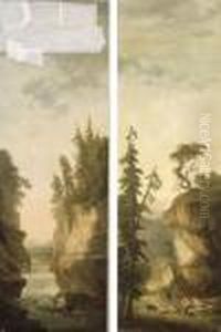 Personnages Sur Un Bateau Dans Un Paysage Avec Une Riviere ; Et Le Repos Du Berger by Hubert Robert