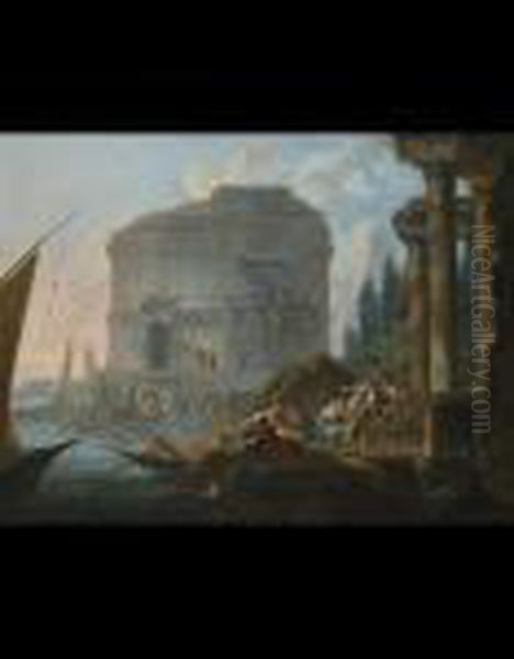 Paesaggio Ideale Sulle Rive Di 
Un Fiume Con Ruderi E Figure Assise, Mentre I Pescatori Ritirano Le Reti - view 1
