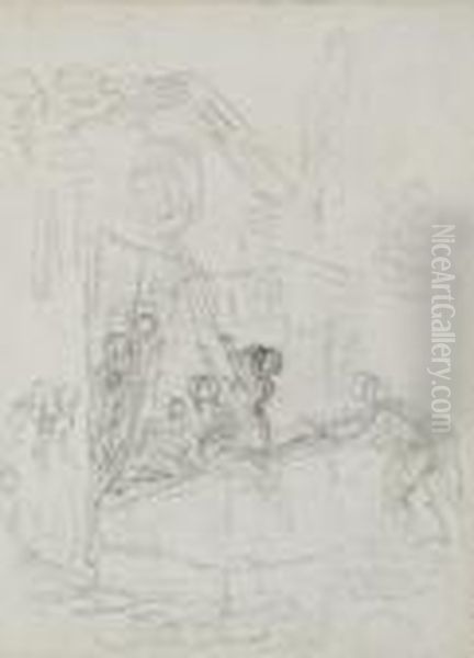 Jeune Femme Sur Une Balancoire Devant Un Temple Antique, Des Personnages Autour D'elle - view 1