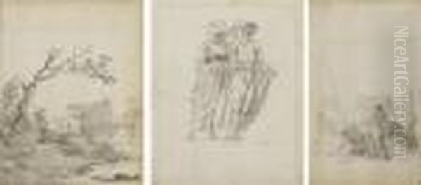 Quatre Pages D'album 
Recto-verso: Un Homme Assis Dans Un Paysage; Un Couple; Deux Hommes Dont
 L'un Assis; Et Une Scene De Tauromachie - view 1