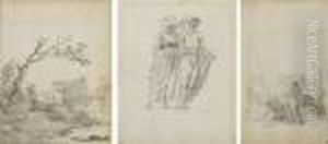 Quatre Pages D'album
Recto-verso: Un Homme Assis Dans Un Paysage; Un Couple; Deux Hommes Dont
L'un Assis; Et Une Scene De Tauromachie by Hubert Robert