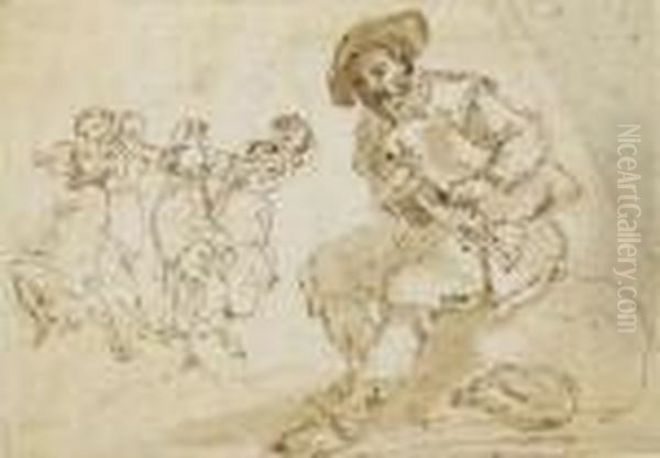 Un Homme Assis Jouant De La 
Cornemuse Et Des Femmes Dansant A L'arriere-plan (recto); Croquis 
(verso) - view 1