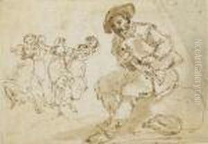 Un Homme Assis Jouant De La
Cornemuse Et Des Femmes Dansant A L'arriere-plan (recto); Croquis
(verso) by Hubert Robert