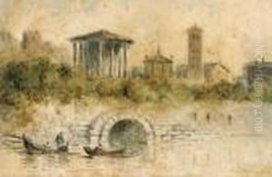 Cerchia/umkreis Barche Sul Fiume Con Citta Antica Sullo Sfondo by Hubert Robert