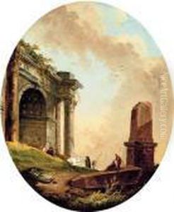 Drovers And Their Livestock Before A Ruined Arch And Obelisk