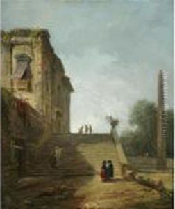 Capriccio Landscape With Figures
 Ascending A Staircase Near An Obelisk In The Gardens Of A Villa