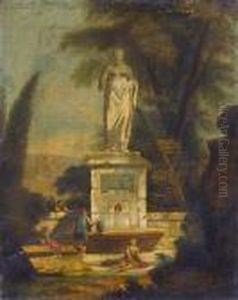 Figures At A Fountain Beneath A Statue Of Venus by Hubert Robert