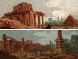 Capricci With Figures Amongst Roman Ruins by Hubert Robert