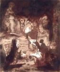Personnage Dessinant Des Antiques A La Lumiere D'une Torche by Hubert Robert