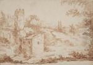 An Italianate Landscape With A Ruined Tower, A Fountain And Avilla by Hubert Robert