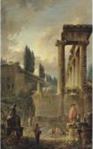 Figures Among Ruins, Including 
An Ancient Colonnade, With A Row Of Poplars In The Distance - view 1