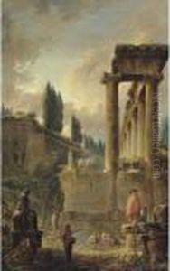 Figures Among Ruins, Including
An Ancient Colonnade, With A Row Of Poplars In The Distance by Hubert Robert