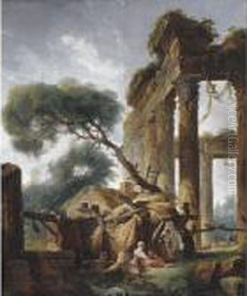 A Peasant Family Outside Their Dwelling Beneath A Ruined Roman Temple - view 1