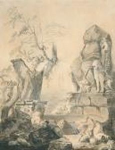 Paysage Anime Avec Statue Antique Colossale Servant De Fontaine by Hubert Robert