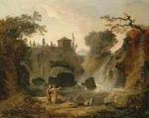 The Waterfall At Tivoli With Figures Resting By The Pool by Hubert Robert