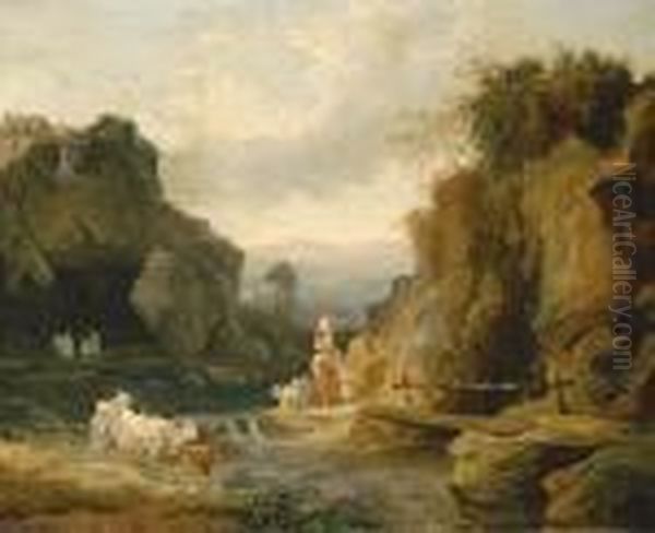 Figures By A Footbridge In A Rocky River Landscape - view 1