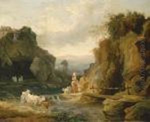 Figures By A Footbridge In A Rocky River Landscape