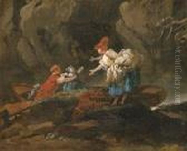 A Family Disembarking From A Boat In A Rocky River Landscape - view 1