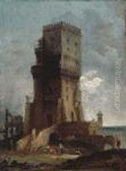A Capriccio Of A Tower With Figures In The Foreground, Ruins And The Sea Beyond - view 1