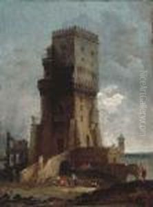 A Capriccio Of A Tower With Figures In The Foreground, Ruins And The Sea Beyond by Hubert Robert