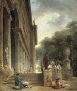 Colonnade Et Jardins Du Palais
Medici: Gentlemen Sketching In An Italianate Garden; And Restes Du
Palais Du Pape Jules: An Architectural Capriccio With Haymakers by Hubert Robert