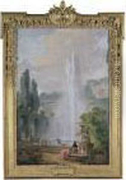 A Garden Landscape With A Villa Overlooking A Large Fountain - view 1