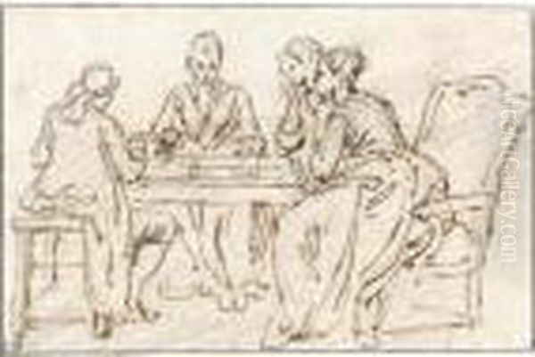 Four Figures Seated Around A Table, Playing Backgammon - view 1