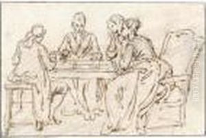 Four Figures Seated Around A Table, Playing Backgammon
