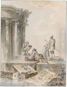 Figures In Conversation Among Roman Ruins, A Circular Temple To The Left by Hubert Robert