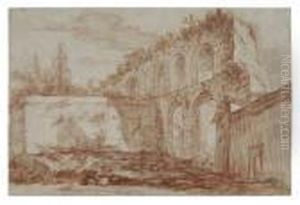 An Italianate Landscape With Ruins Of An Aqueduct by Hubert Robert