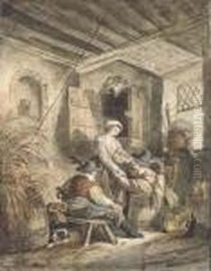 L'aubergiste Courtisee:
L'interieur D'une Auberge Avec Deuxvoyageurs Courtisant Une Femme by Hubert Robert