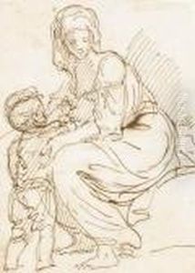 Une Femme Assise Tenant Un Enfant Debout Une Femme Assise Tenant Un Enfant Debout