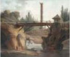 Vue Du Parc De Mereville : La 
Grande Cascade Derriere Le Pont Rustique Et Le Belvedere Domine Par La 
Colonne Trajane by Hubert Robert