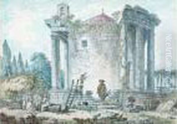 Personnages Et Moines Pres Du Temple De La Sybille A Tivoli - view 1