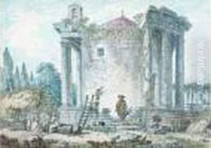 Personnages Et Moines Pres Du Temple De La Sybille A Tivoli by Hubert Robert