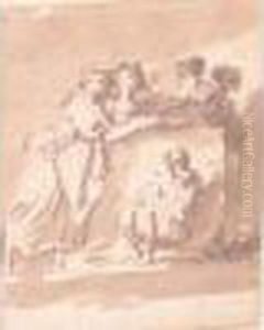 Groupe De Femmes Et Un Homme Assis Fumant La Pipe by Hubert Robert