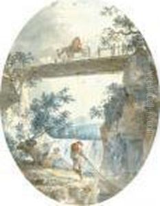 A River Landscape With A Fisherman Pulling In A Net by Hubert Robert