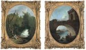 A Fortified Bridge With A 
Peasant Fishing With His Wife And Child;and A Wooded Landscape With A 
Young Couple In A Clearing