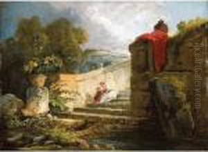 A Scene In The Grounds Of The
Villa Farnese, Rome, With A Mother And Child Seated Upon An Antique
Stair, A Classical Rotunda Beyond by Hubert Robert