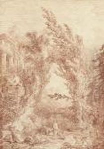 Un Paysage Avec Un Temple En Ruine Et Un Cygne Attaquant Deux Baigneuses by Hubert Robert