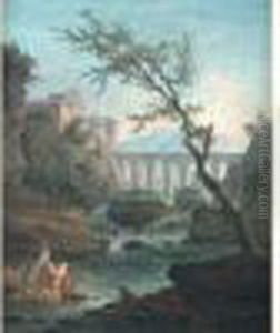 Paysage Au Pont De Pierre Avec Des Lavandieres Pres D'une Cascade