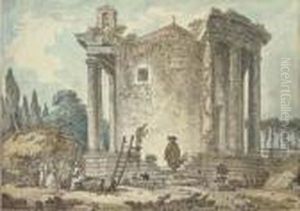 A Capriccio With The Temple Of
The Sybil At Tivoli, Capuchinpriests Standing Amongst The Ruins by Hubert Robert