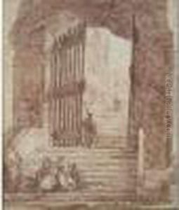 Groupe De Personnages Dans Un Escalier Antique by Hubert Robert